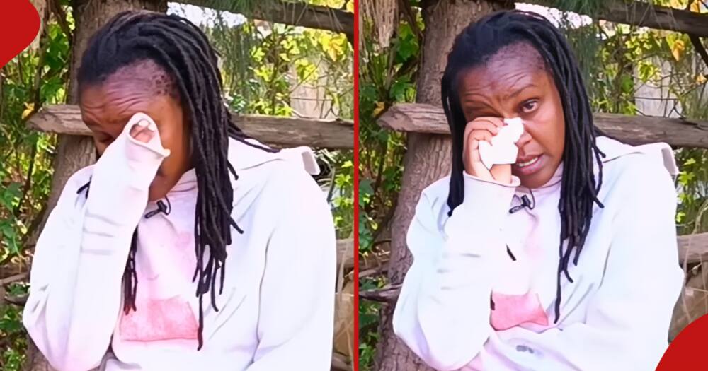 Jane Wangui Kiarie cries during an interview.