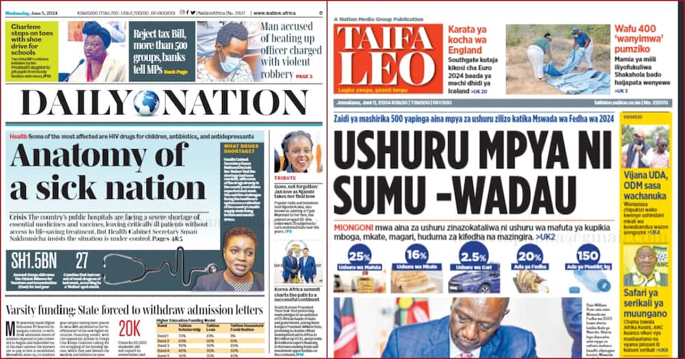 Fonr headlines of Daily Nation and Taifa Leo newspapers.