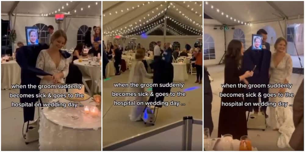 Bride dances and cuts cake with photo of groom after he called in sick on their wedding day, video causes stir.