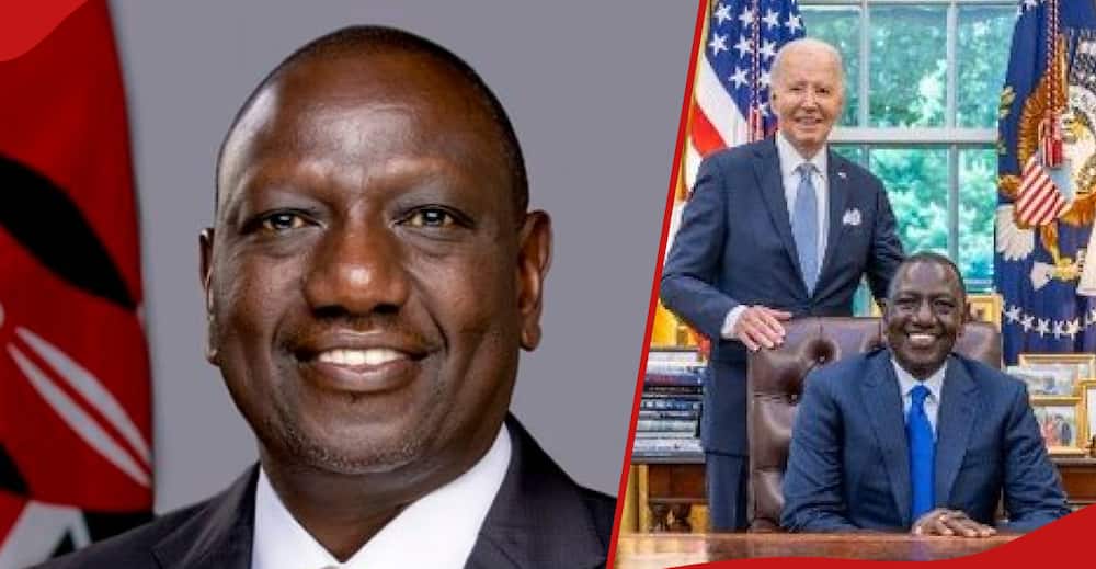 William Ruto posing for a picture (i) and Joe Biden standing behind Ruto at the Oval Office