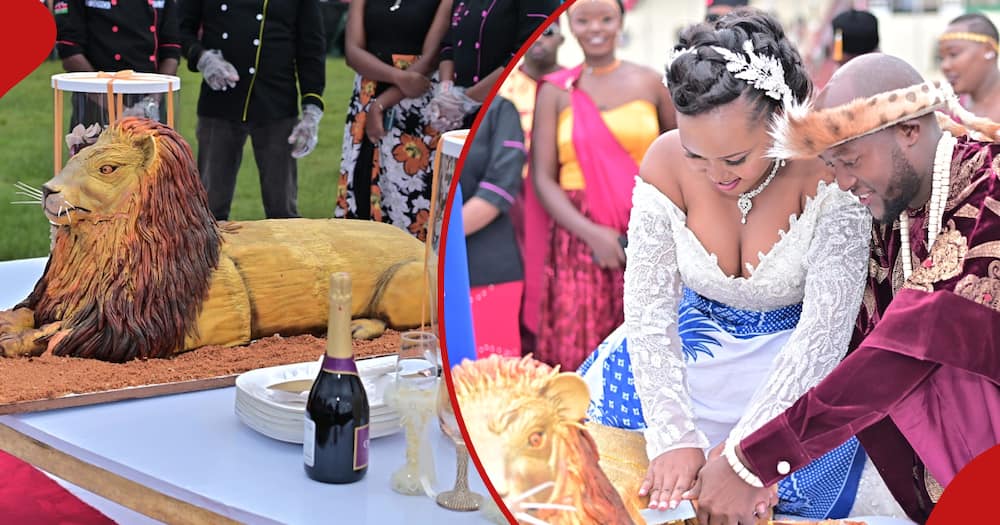 Stephen Letoo and his wife Irene Renoi cutting cake during their wedding.