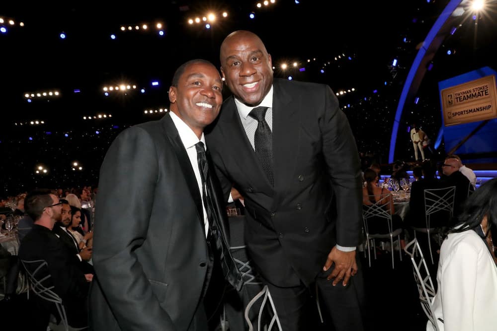 Isiah Thomas and Magic Johnson attend the 2019 NBA Awards presented by Kia on TNT at Barker Hangar
