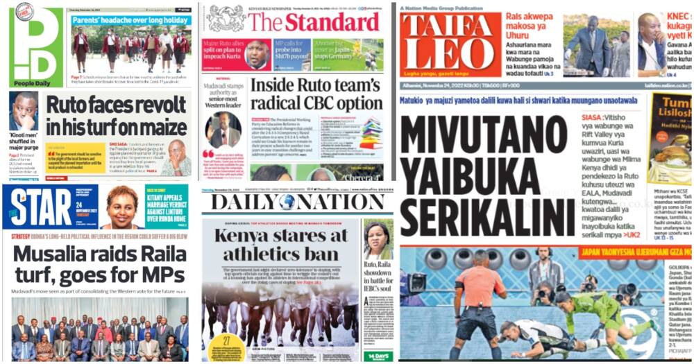 Kenyan newspapers. Photo: Screengrabs from The Standard, Daily Nation, The Star, People Daily and Taifa Leo.