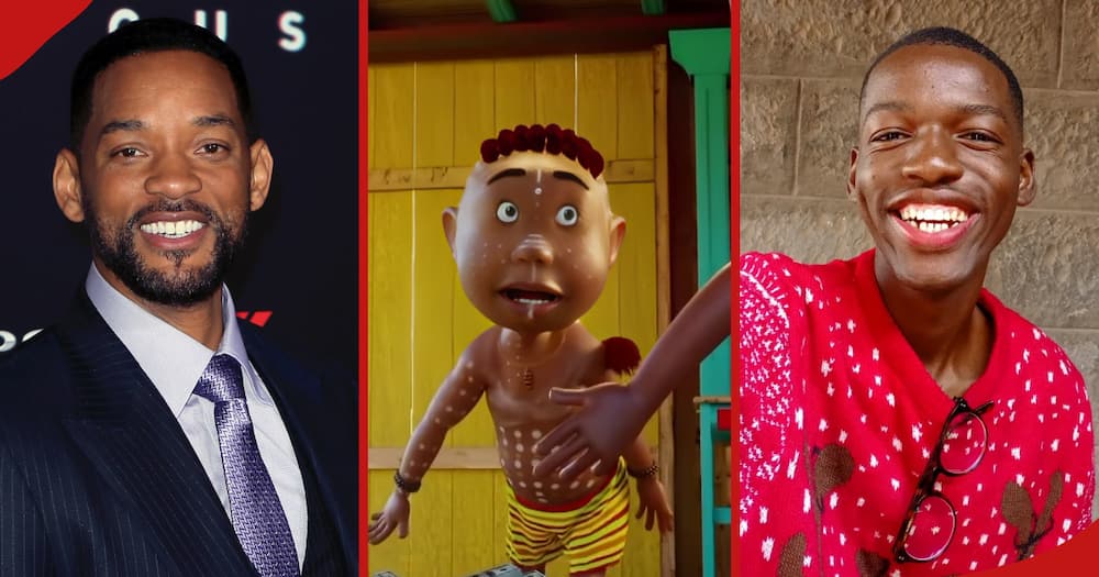 In the first frame from left, US actor Will Smith is smiling, the second frame shows Kenyan animator Fatboy's work, and TikToker Kapinto is smiling in the third frame