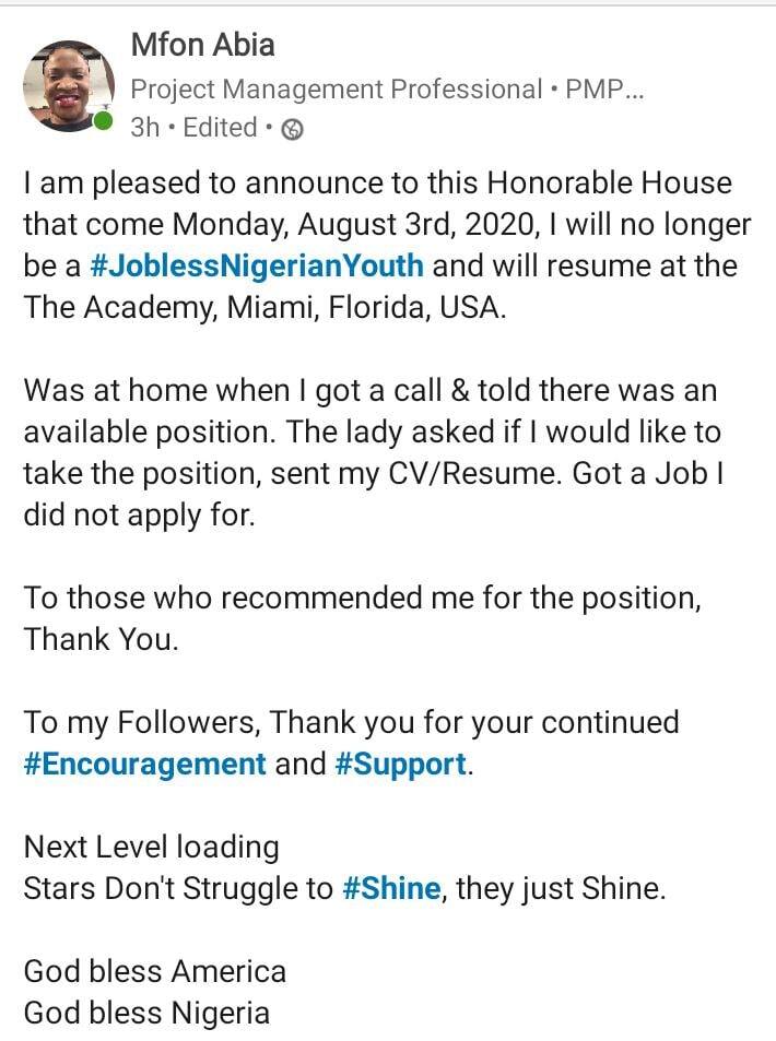 I'm no longer a jobless Nigerian youth - Lady celebrates after being offered job she didn't apply for in the United States, social media reacts