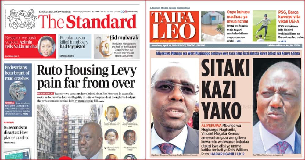 Front headlines for The Standard and Taifa Leo on Wednesday, April 10.