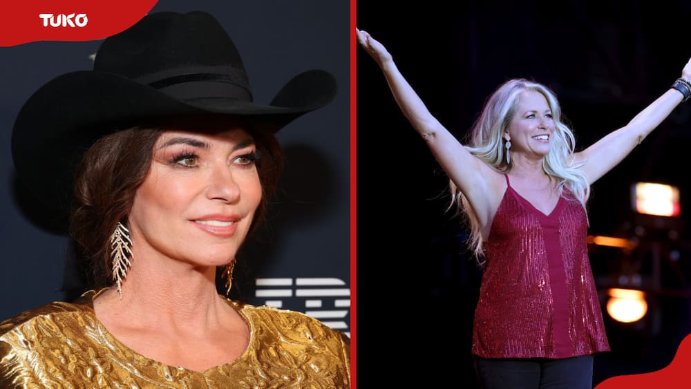 Popular famous female country singers Shania Twain (L) at the Pre-GRAMMY Gala & GRAMMY Salute and Deana Carter on stage