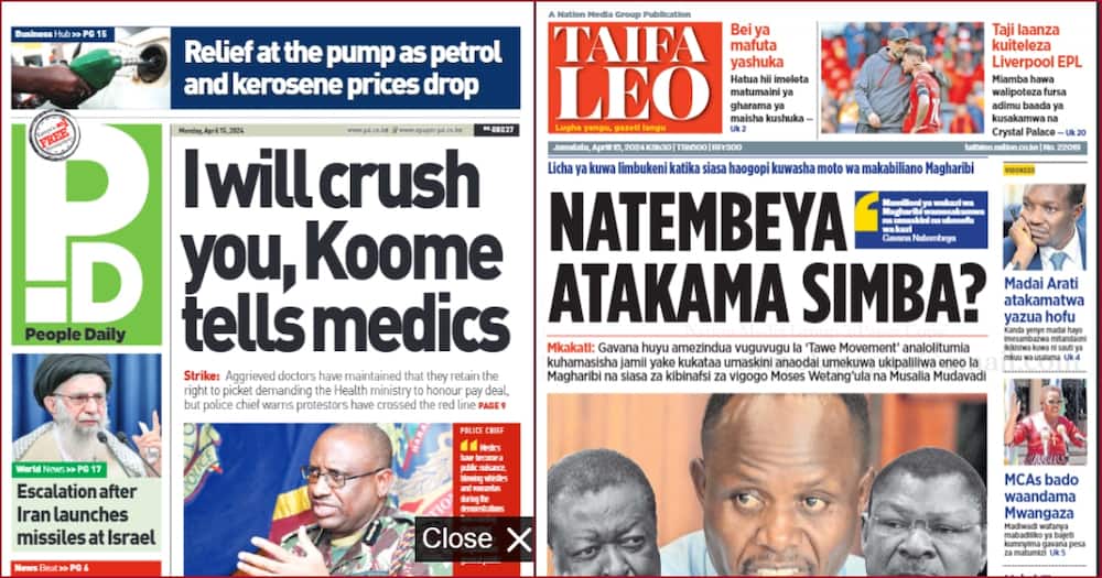 Front headlines of People Daily and Taifa Leo newspapers on Monday, April 15.