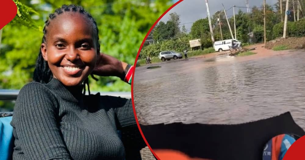 Damaris Kimani poses for a photo(left). A screen grab from a clip of a boda boda rider ferrying Damaris across a flooded road (right).