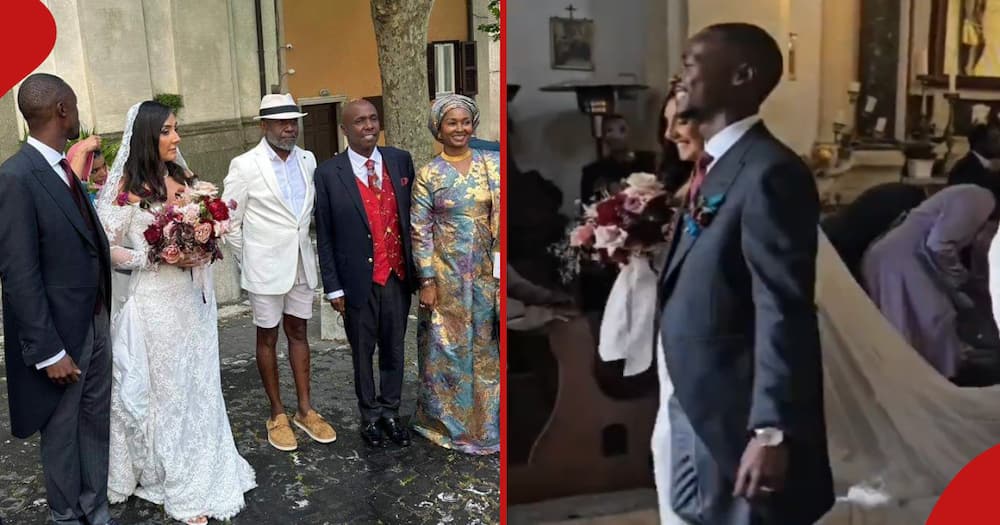 Kigen Moi with his bride, Mike Okwiri, Gideon Moi, Zahra Moi (left). Kigen and his bride walking down the aisle (right)