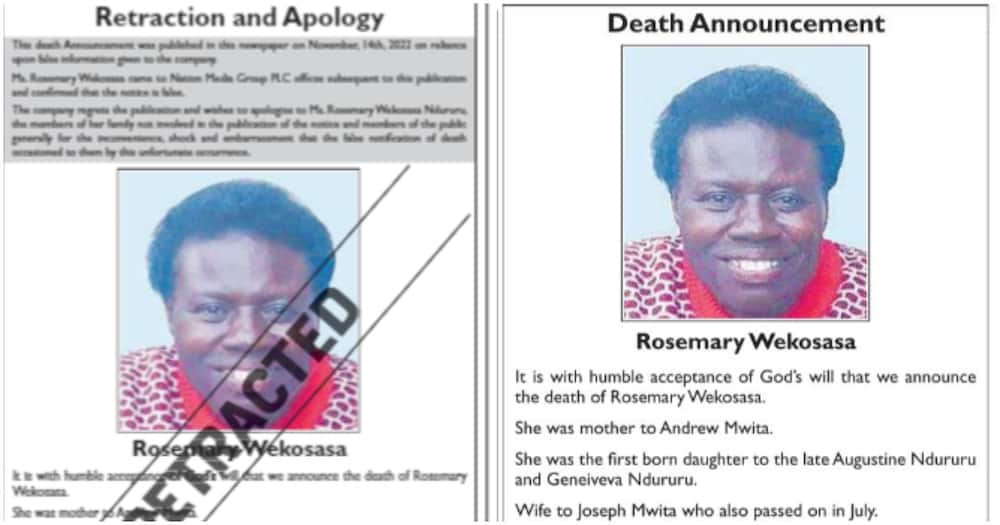 Rosemary Wekosasa's obituary. Photo: Daily Nation.