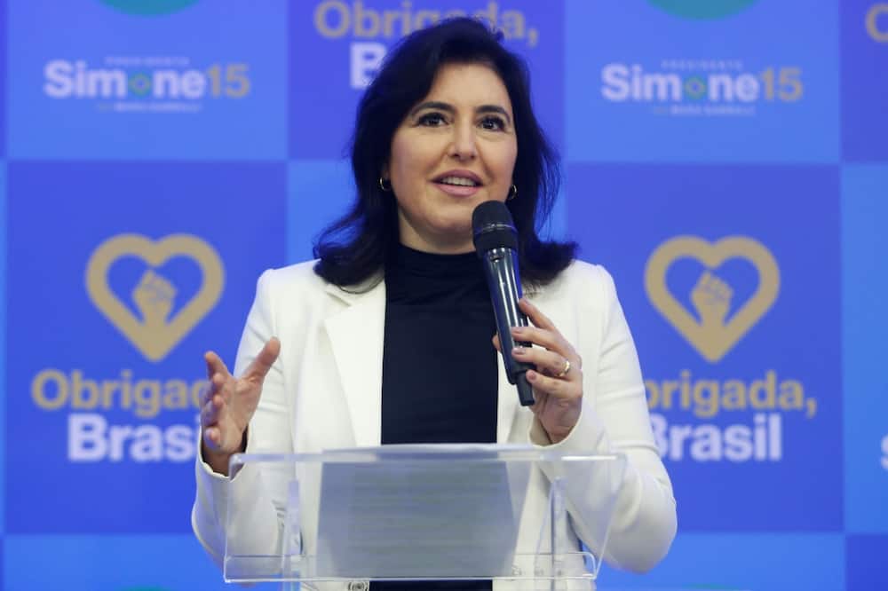The third place finisher in the first round of Brazil's presidential election, Simone Tebet, speaks during a press conference to announce her support to leftist former president Luiz Inacio Lula da Silva in the run off against the incumbent Jair Bolsonaro