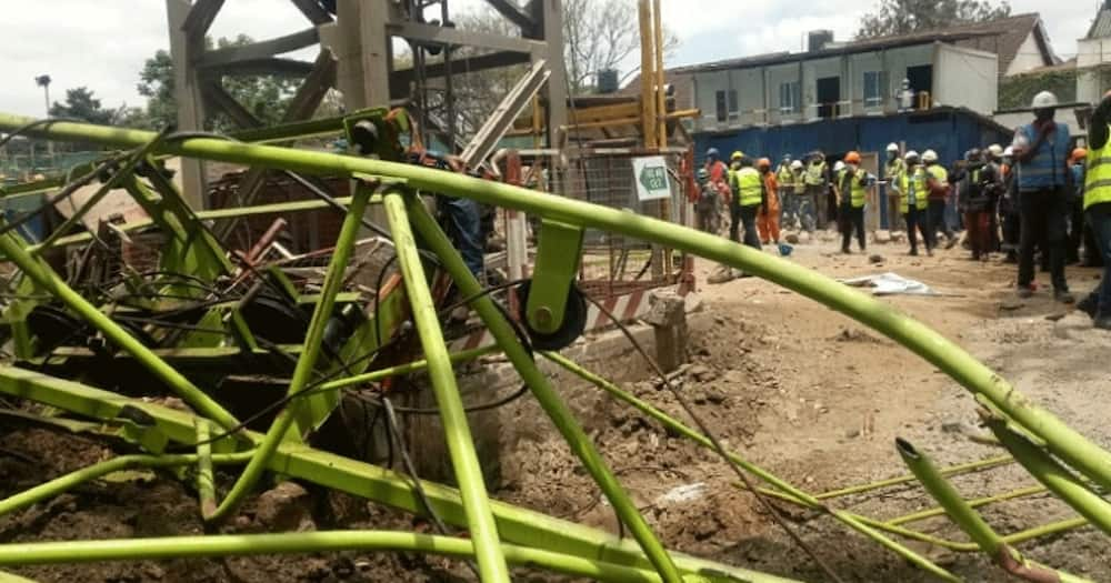 The collapsed crane in Kilimani. Photo: Construction Kenya.