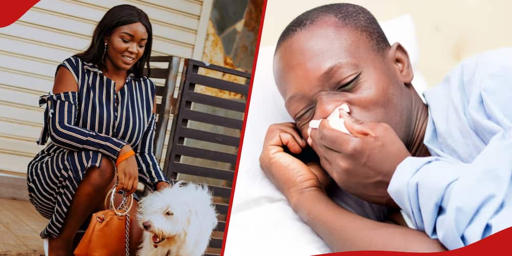 Left: Woman poses with her white pet dog.
Right: Man blows nose into a handkerchief.