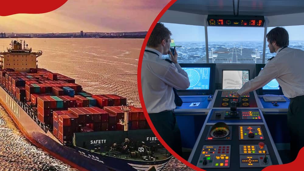 A collage of a cargo ship and two employees operating ship equipment