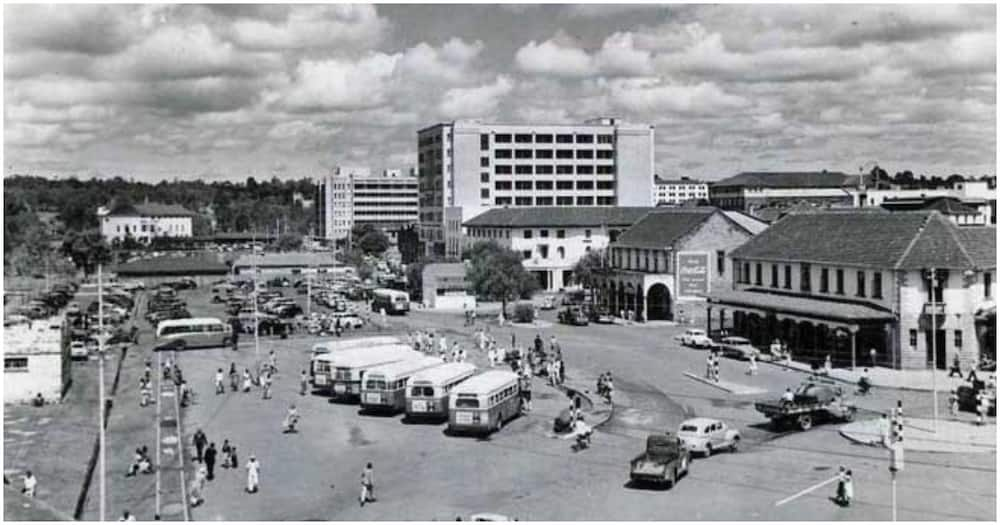 Bus Terminus opposite National Bank of India. The Nairobi City Skyline.