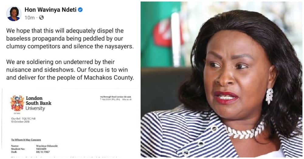 Maswali Yaibuka Baada ya Wavinya Ndeti Kufuta Ujumbe wa Facebook Ulioonesha Uhalisia wa Digrii Yake.