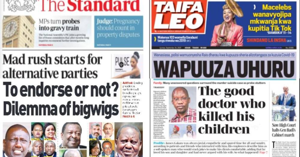 Kenyan Newspapers Review for September 24: Showdown Looms as Fight for UDA Tickets Begin