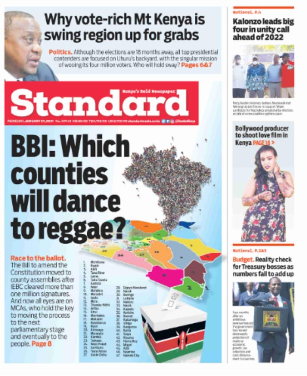 Kenyan newspapers review for January 27: MCAs set to make, break BBI push as bill heads to counties