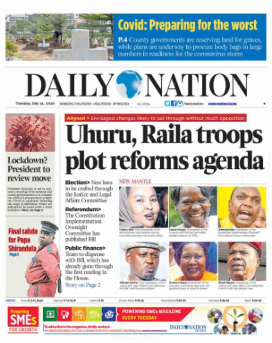 Kenyan newspapers review for July 21: Parliament put on lockdown after 50 staff tested positive for COVID-19