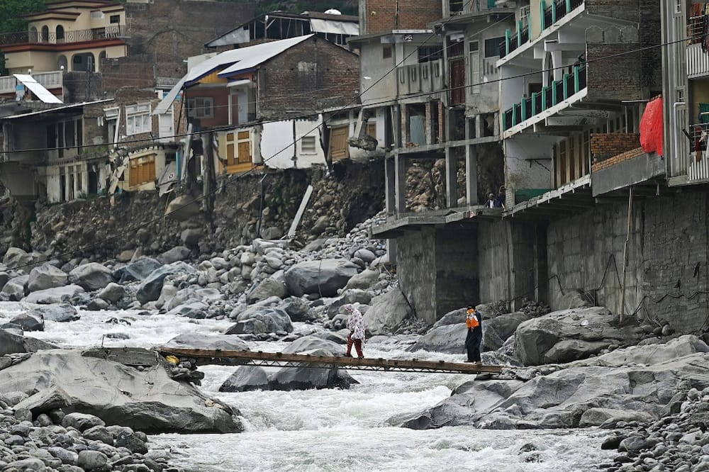 A Pakistan town damaged by flash floods of the river Swat  in Khyber Pakhtunkhwa province. Pakistan was lashed by unprecedented monsoon rains in the summer of 2022 that put a third of the country underwater