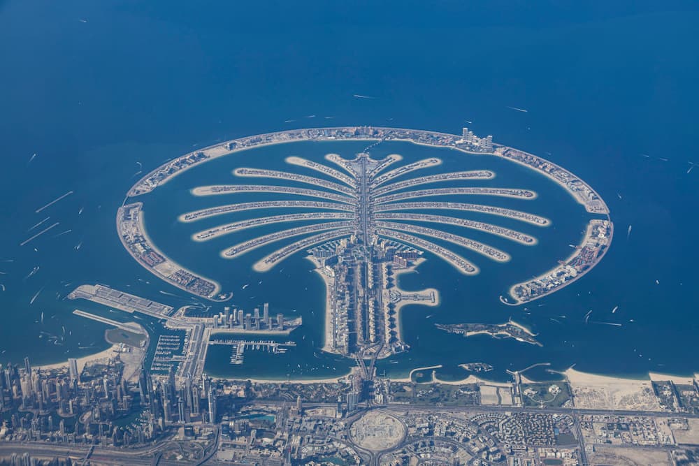 Aerial view of Palm Jumeirah artificial islands in Dubai.