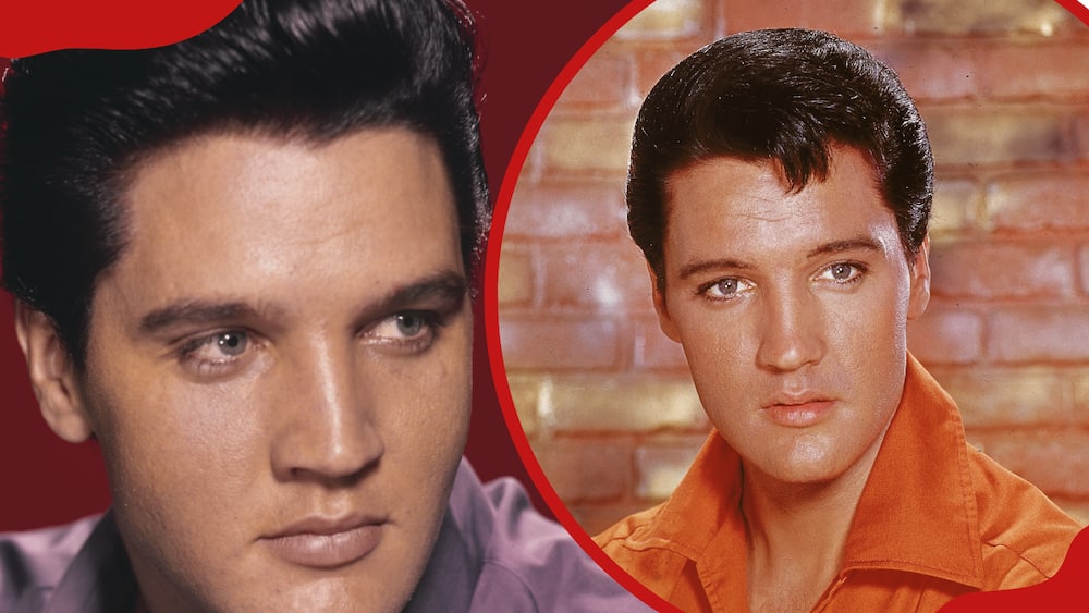 Elvis Presley dressed in an orange open-neck shirt and in front of a brick wall (L). Elvis wearing a purple shirt (R)