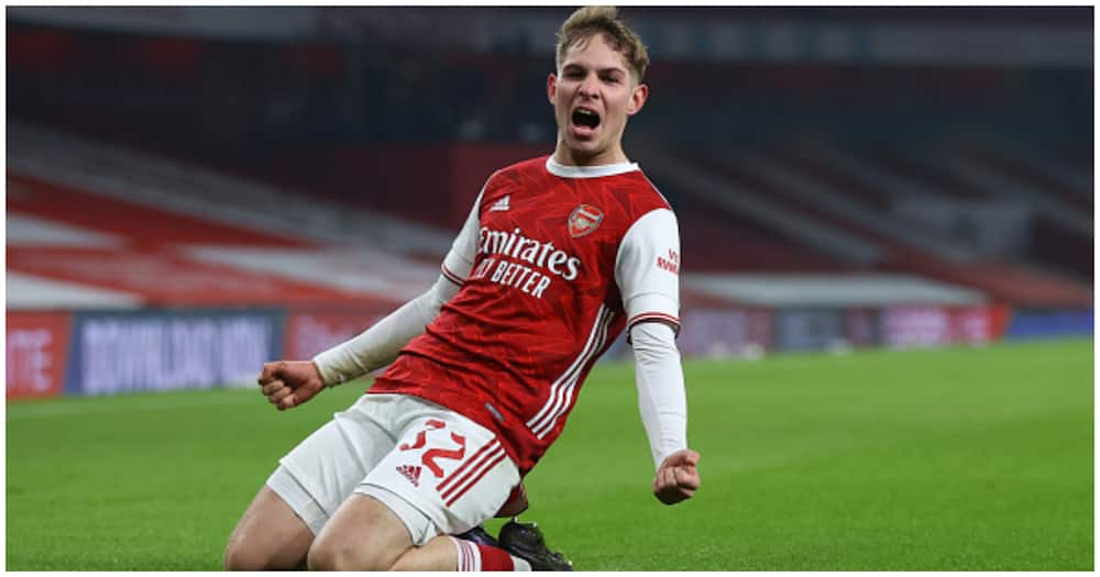 Smith Rowe celebrates after scoring for Arsenal. Photo: Getty Images.