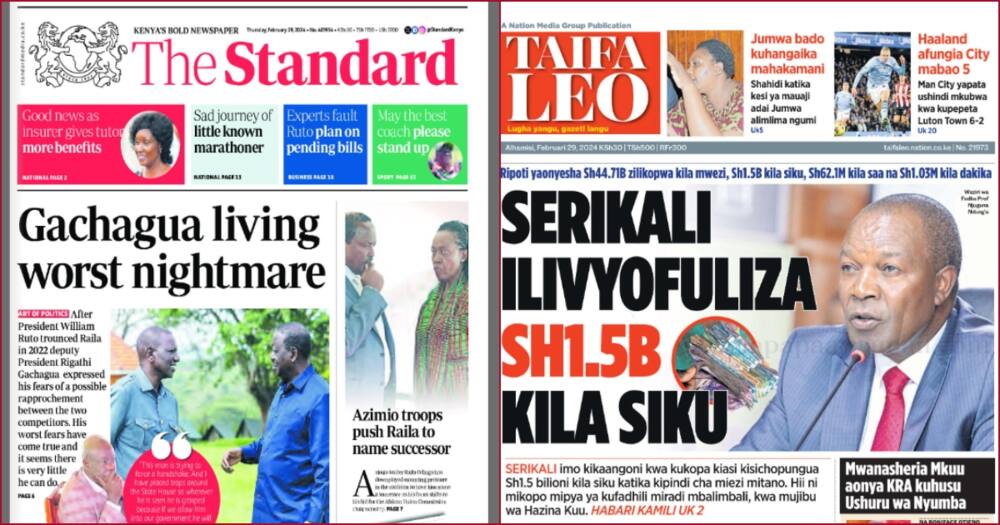 Front pages of The Standard and Taifa Leo newspapers.