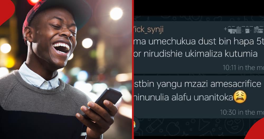 Man smiling at his phone (left). Screenshot of a group conversation (right).