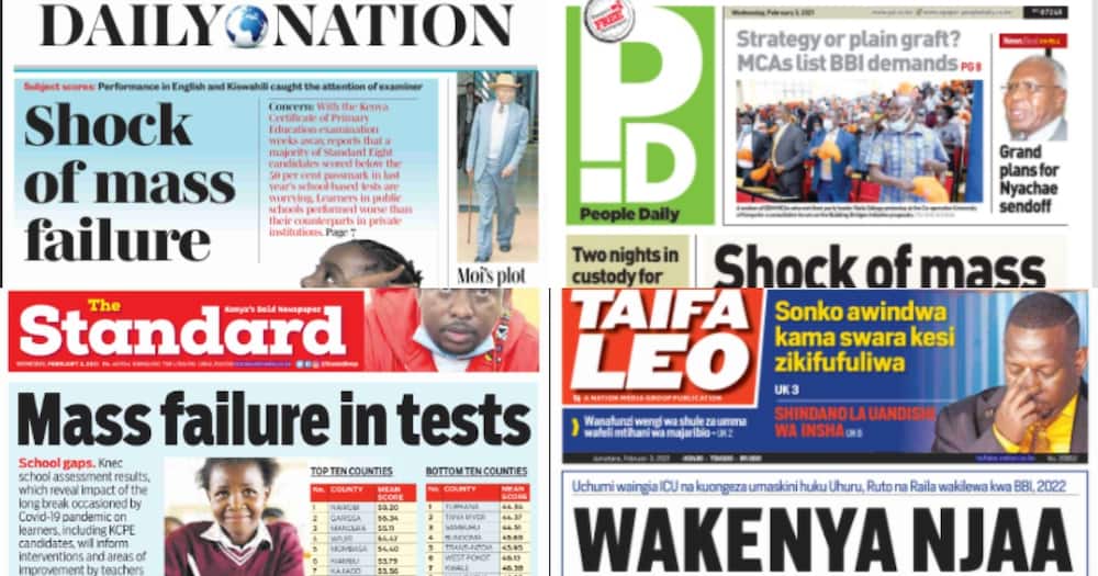 Kenyan newspapers review for February 3: KCPE candidates register massive failure in tests ahead of national exam