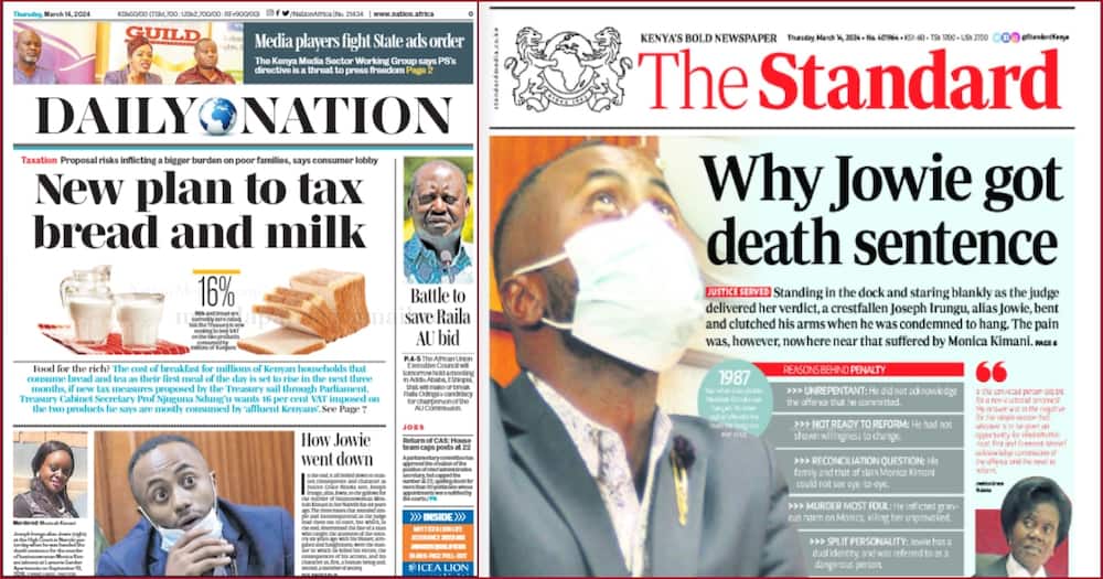 Front pages of Daily Nations and The Standard newspapers.