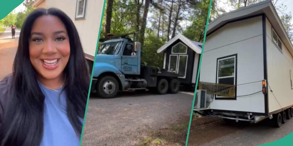 A woman bought a tiny home and it was delivered by a truck.