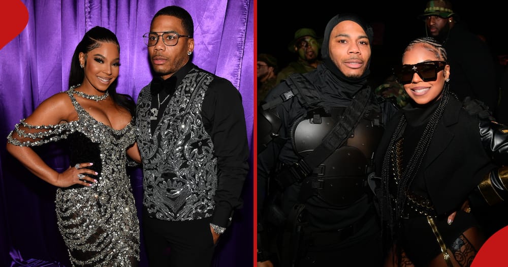 Nelly and Ashanti pose for photos in the left and right frames.
