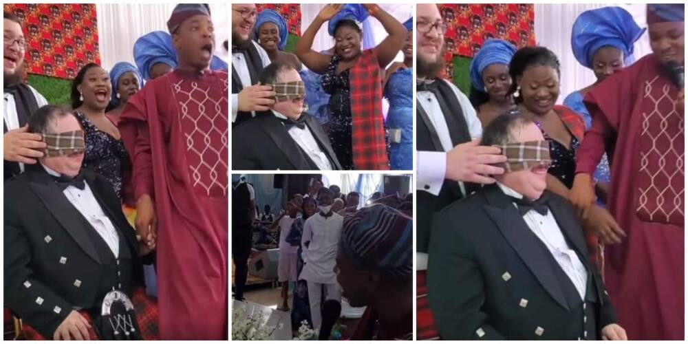 Mzungu man picked a man for his bride twice on his wedding day. Photo: Screengrabs from video shared by @woliagba_ayoajewole.