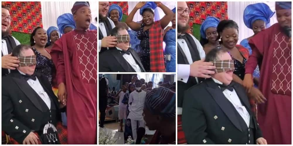 Mzungu man picked a man for his bride twice on his wedding day. Photo: Screengrabs from video shared by @woliagba_ayoajewole.