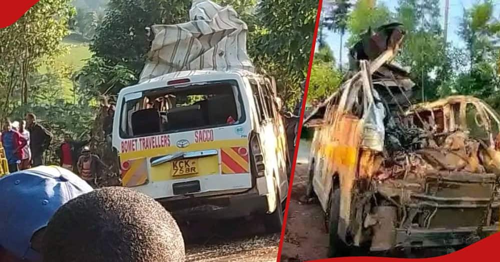 Bomet matatu-tractor accident wreckage being towed.