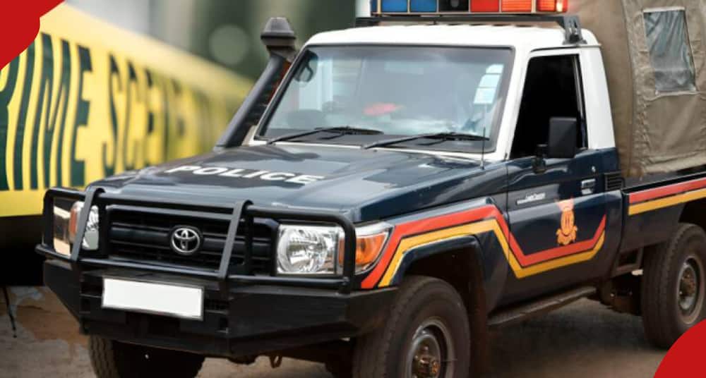 Police vehicle at a crime scene. Boniface Kokwon was arrested for stoning wife to death.