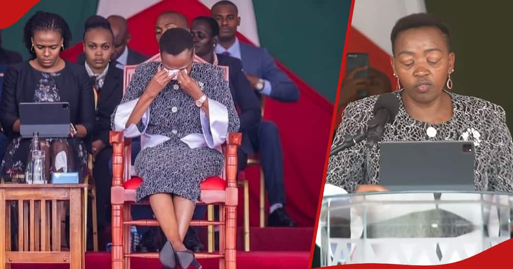First Lady Rachel Ruto in tears during the memorial service of Kenyatta University students who died in road accident.
