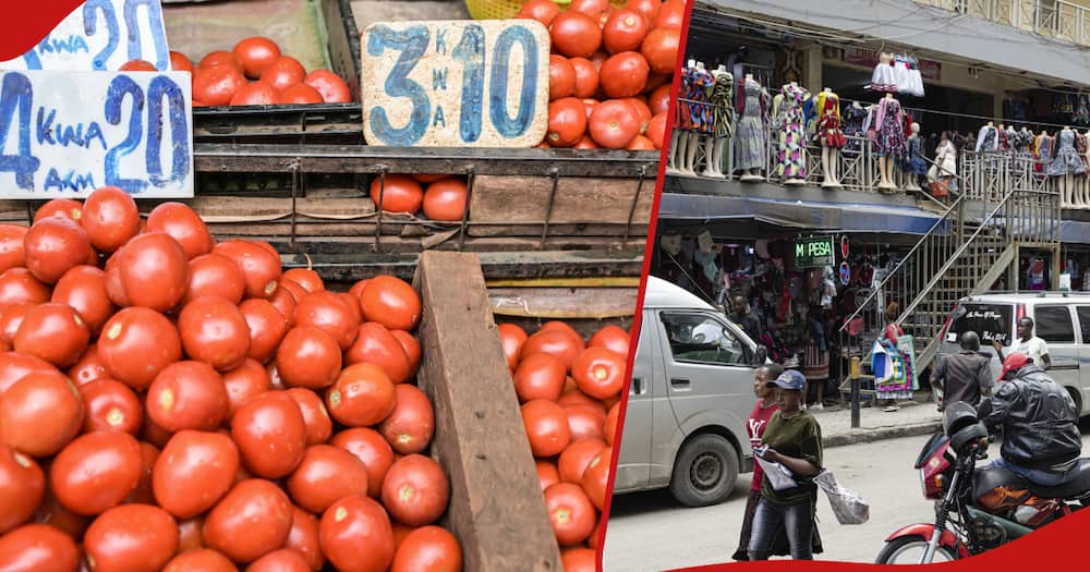 Left frame shows tomatoes on display for sale, while the right frame shows business stalls in Eastleigh.
