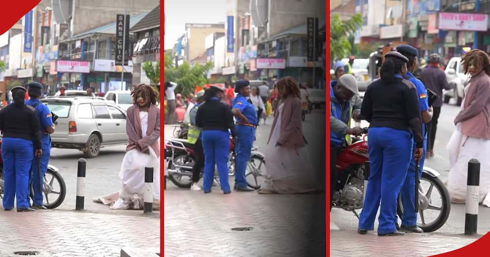 Prankster clad in dirty wedding dress scares Kenyan policewoman in viral video