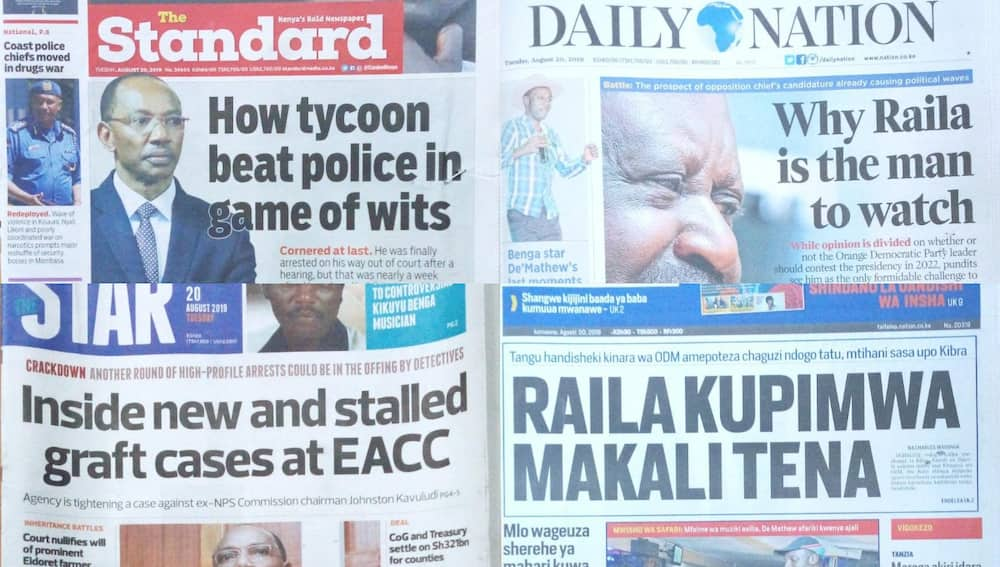 Magazeti ya Jumanne, Agosti 20: Raila kupimwa makali yake ya kisiasa kupitia uchaguzi mdogo wa Kibra