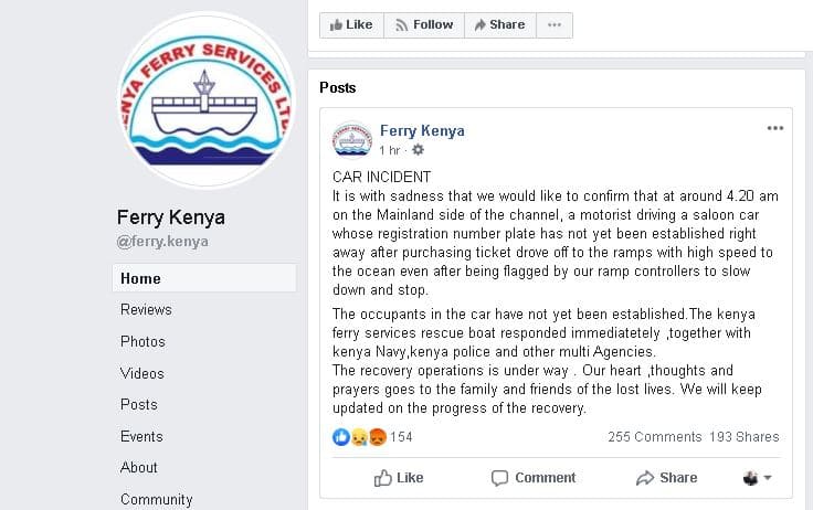 Another vehicle plunges into Indian Ocean at Likoni channel