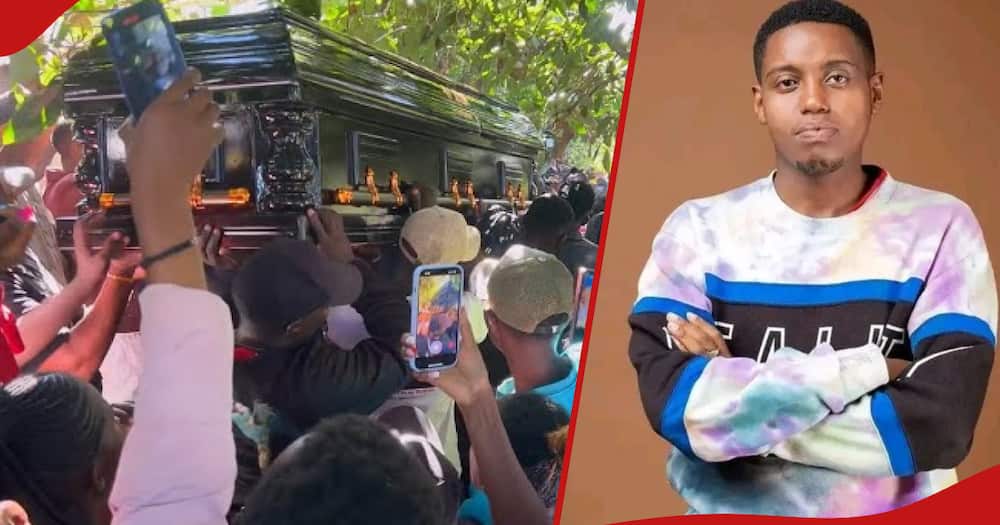 Thousands of TikTokers thronged Gitei village in Kiambu county to attend burial of Brian Chira (pictured in right frame).