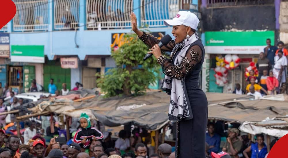 Kirinyaga woman representative Njeri Maina addressing locals of Kianyaga town.