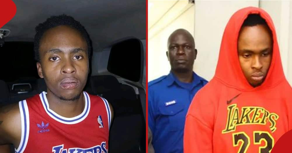 Ian Njoroge in a police vehicle(l) and Ian Njoroge appearing in court(r)