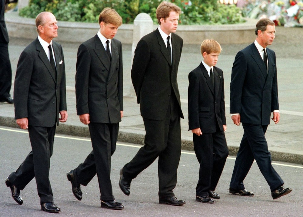 Diana's sons, William and Harry, walked behind her coffin with their grandfather, Prince Philip, father Prince Charles and uncle Charles Spencer