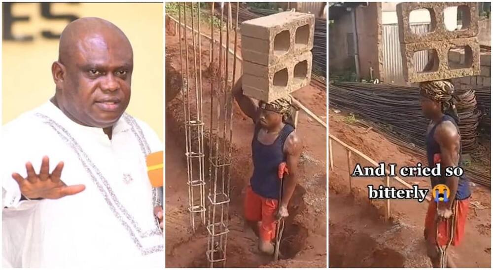 Photos of OPM Pastor, Gift Chibuzor Chinyere and disabled man carrying bricks on his head.