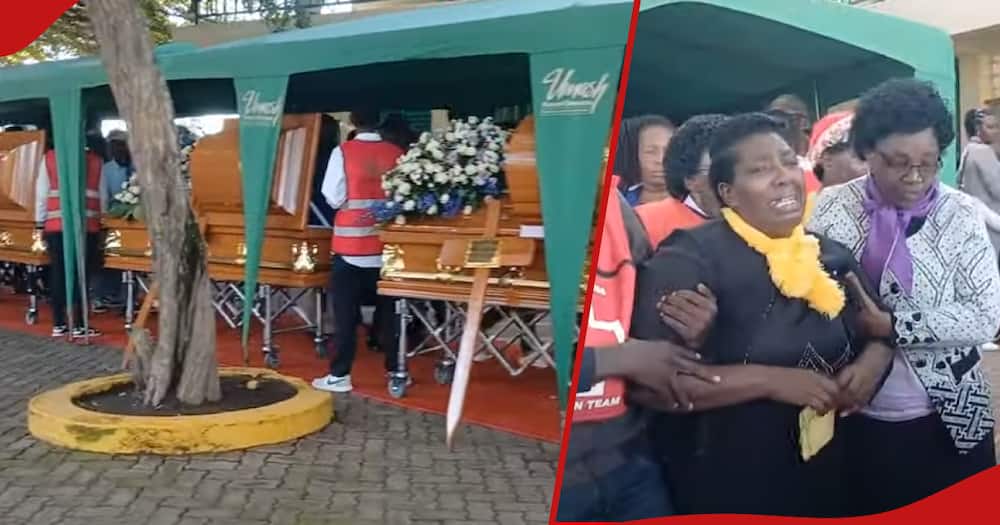 Caskets lying at the Umash Funeral Home in the first frame and next frame shows a woman overwhelmed by emotions.