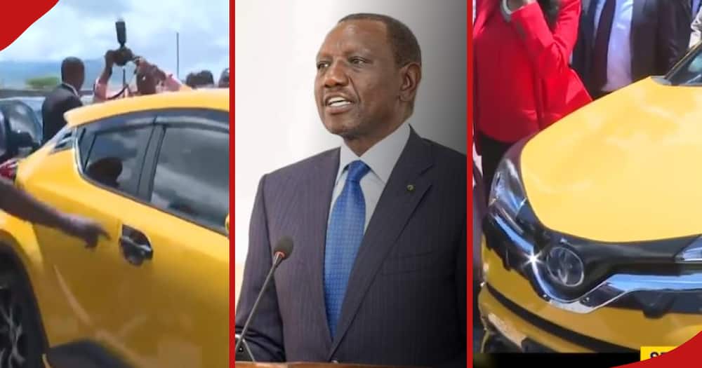 President William Ruto (centre) takes his new car for a drive (left and right).